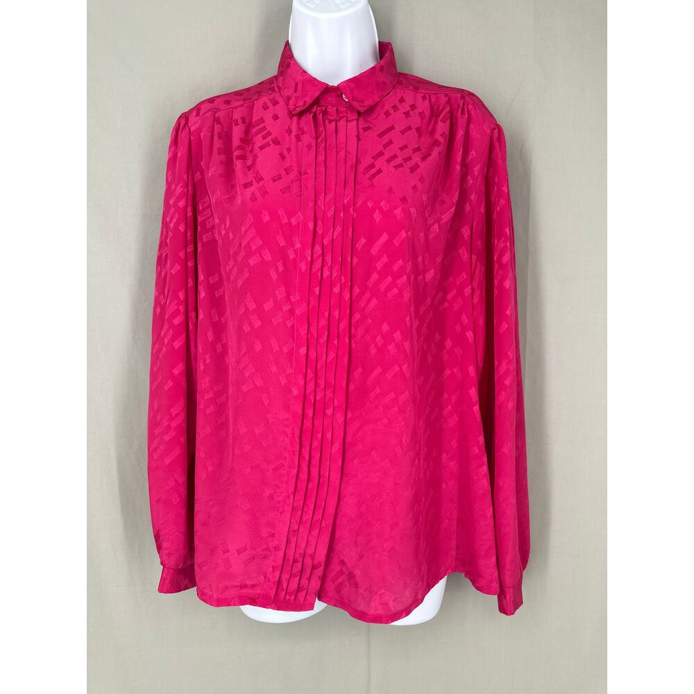 80s Vintage Top Womens Medium Pink Button Satin Pintuck Retro Long Sleeve